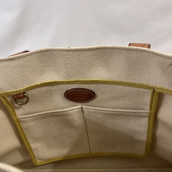 Fossil Austin Fab Shopper Tote Citrus Yellow Tan Coated Canvas Book Beach Bag - Picture 13 of 14